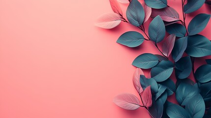 Wall Mural - A pink background with green leaves on it