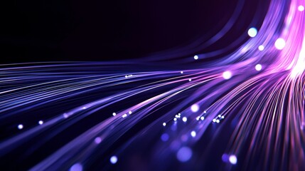 Poster - Purple fiber optic cables transmit data as light pulses with a bright source, capturing communication tech essence. Glowing cables symbolize modern network innovation and digital energy flow