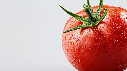 Wall Mural -   A tomato, captured closely with droplets of water on its surface and a green stem protruding from the top