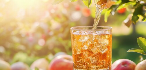 Sticker - Serving French apple cider in a glass made from fresh apples outdoors in a sunny orchard