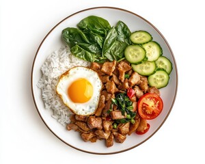 Wall Mural - Spicy Thai pork stir fry with basil rice fried egg and vegetables on white plate isolated