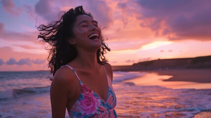 Joyful woman at the beach with a sunset background, embracing the moment and feeling free. Waves and colors enhance her happiness.