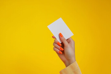 Hand with orange nails holding a blank white card against a bright yellow background, representing bold creativity and individual expression