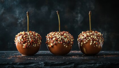 Wall Mural - Three caramel apples with nuts on dark slate