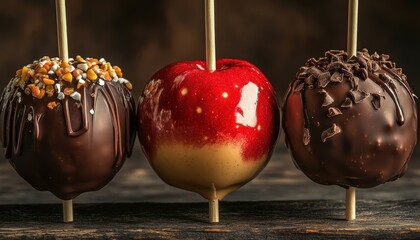 Wall Mural - Three types of candy coated apples with chocolate and caramel displayed on dark wood background