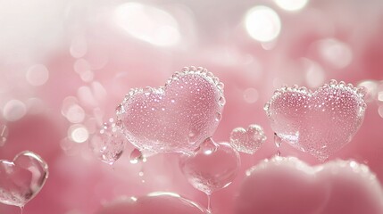 Canvas Print -   A close-up of a heart-shaped group of bubbles on a pink background with water droplets