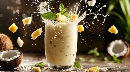 Sticker -   A coconut milkshake with fruit and coconuts splashing out