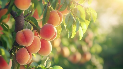 Poster -   A lush green tree filled with ripe peaches