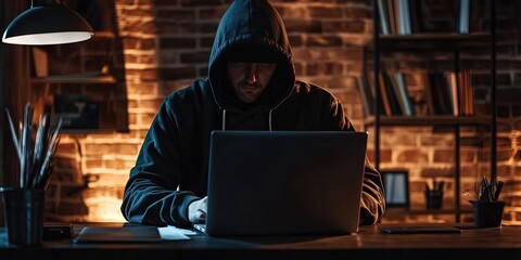 criminal using laptop computer, home office, 