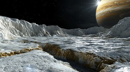 Poster -  An artist's depiction of a rugged terrain featuring a celestial sphere above and a radiant star overhead