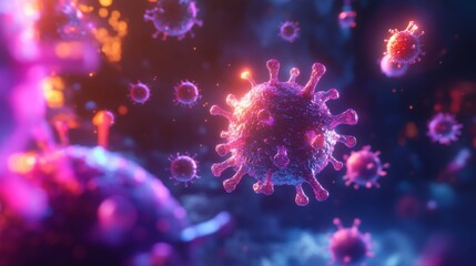Aufkleber - A close-up of a virus particle, illuminated in vibrant purple and blue light. It is surrounded by other smaller virus particles and glowing orbs, representing a microscopic view of a viral infection.
