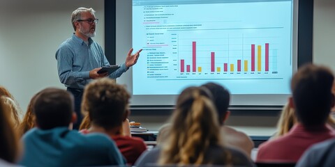 Wall Mural - older male professor delivering lecture to classroom of attentive students, using data charts and graphs 