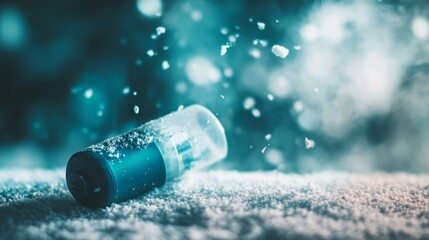 Poster - A small blue container lies on a surface, with white powder scattered around it