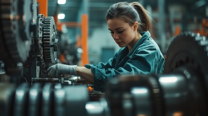 Poster - a focused woman is assembling machinery components in a factory, wearing gloves and a work uniform, 
