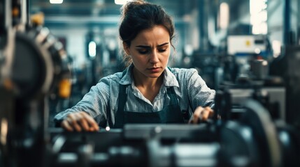 Poster - A woman is engaged in operating equipment within a factory. She concentrates deeply as she works, showcasing her skills and dedication in this industrial setting