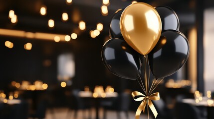 Black balloons tied with gold ribbons, floating in a dimly lit room with dramatic lighting, creating a luxurious, elegant setting.