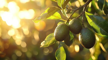 Sticker -   An image of avocados dangling on a tree with sunlight filtering through the foliage and illuminating them