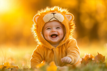 A little kid in a lion cub costume,cute, autumn landscape