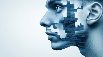 Wall Mural - A man's face with a grid of pixels in the middle, AI