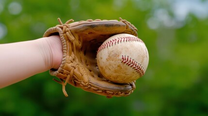 Canvas Print - A person holding a baseball in their mitt with green trees behind them, AI