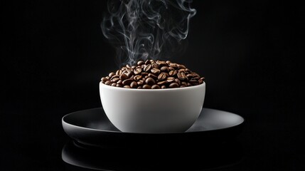 Sticker -  White bowl with steaming coffee beans on a black plate against a black background