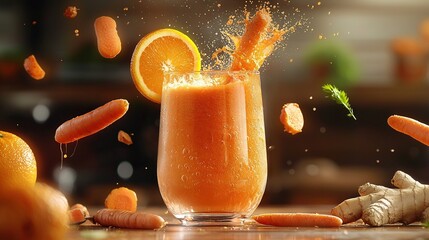 Wall Mural -   An image of a glass filled with orange juice surrounded by sliced carrots and a ginger on the side of the glass falling into the glass