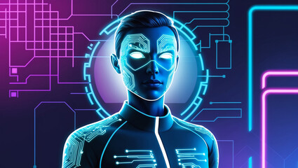 A futuristic cyborg woman with digital circuit patterns on her face and suit, set against a high-tech neon background, embodying advanced artificial intelligence and cybernetics.