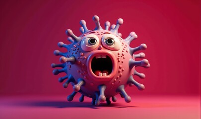 A playful, cartoonish virus character with expressive eyes and mouth, set against a vibrant pink background. Perfect for educational, health, or entertainment projects.