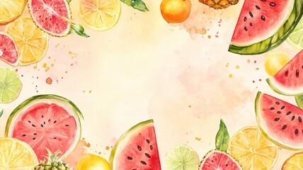 Colorful arrangement of assorted fruits including watermelon and citrus on a light background, showcasing summer freshness and vibrancy