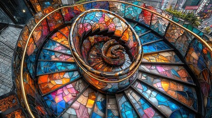 Poster -   A spiral staircase with multi-colored stained glass tiles and gold metal railings in a tall structure