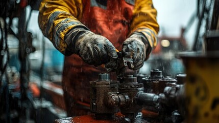 Poster - A female worker’s hands are expertly managing machinery components in a bustling industrial environment, showing attention to detail and expertise