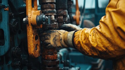 Poster - Hands covered in dirt and oil skillfully adjust the controls of heavy machinery during work hours at an outdoor site, showcasing labor precision and focus
