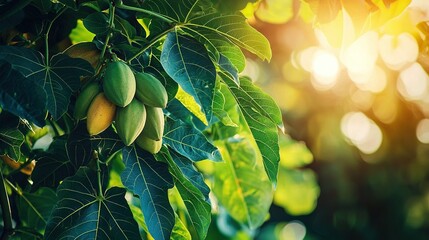 Canvas Print -   A group of green mangoes dangle from a tree under bright sunlight filtering through leafy canopies on a clear day