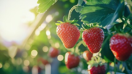 Sticker -   A strawberry tree's close-up shows sunlight filtering through leaves during a sunny day