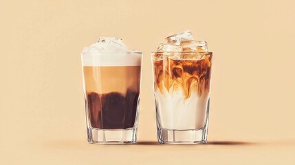   A pair of drinks rest atop a brown table beside a steaming cup of coffee