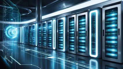 Wall Mural - A futuristic data center with glowing servers lined up, highlighting advanced technology, data storage, cloud computing, and high-speed digital connectivity.