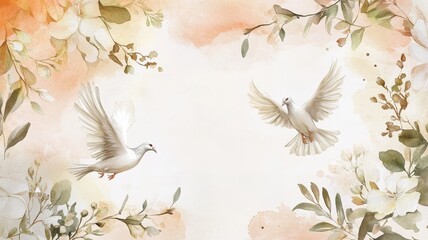 Two doves gracefully flying among delicate floral elements in a soft pastel background during a serene moment of nature