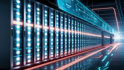 Wall Mural - A futuristic data center with glowing servers lined up, highlighting advanced technology, data storage, cloud computing, and high-speed digital connectivity.