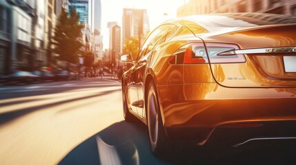Poster - An orange electric car accelerates along a city street, surrounded by towering buildings under a warm, golden sunlight