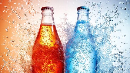   A close-up of two bottles of soda with water splashing on top and bottom