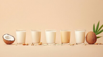 Poster -   A line of glasses with milk, half-eaten banana, and half-eaten pineapple