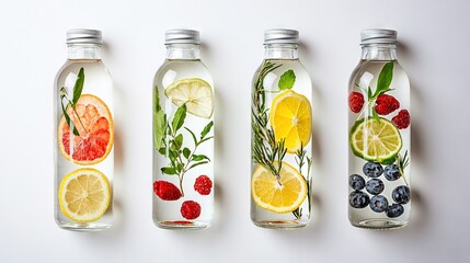 Sticker -   Three water bottles filled with lemons, raspberries, lemons, and blueberries