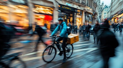 Dynamic City Scene with Delivery Bikes and Busy Pedestrians in Motion