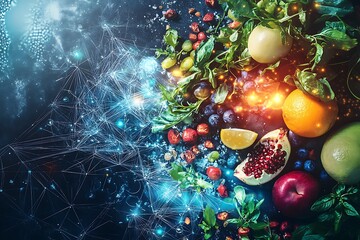 Colorful fresh fruit and vegetables arranged on a dark blue background with glowing digital network lines