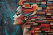 © atar - Abstract woman with colorful books as hair, painted on brick wall. Concept of knowledge, wisdom, and literature.