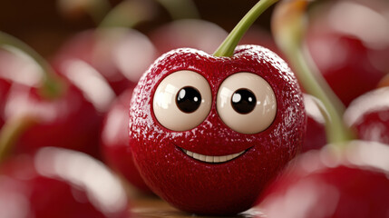 A close up of a cherry with eyes and mouth on it, AI