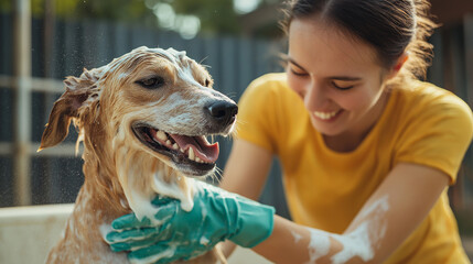 Wall Mural - smiling volunteer  with gloves washing a dog  ,Woman shampooing a dog 