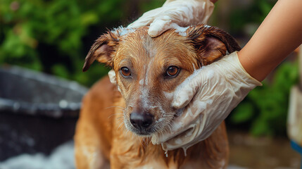 Wall Mural - volunteer with gloves washing a dog  ,Woman shampooing a dog 