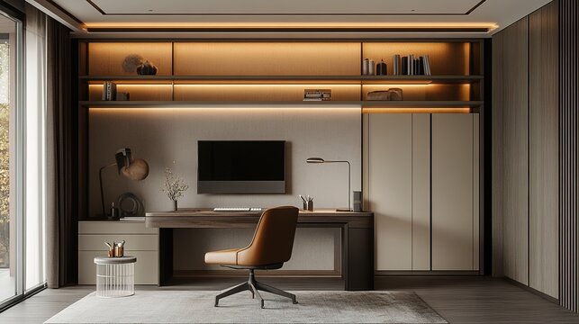 A sleek and functional home office with a wall-mounted desk, ample storage, and contemporary decor