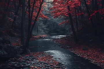 Sticker - Moody forest creek with red leaves in the autumn season. Nature background, fall foliage, landscape photography